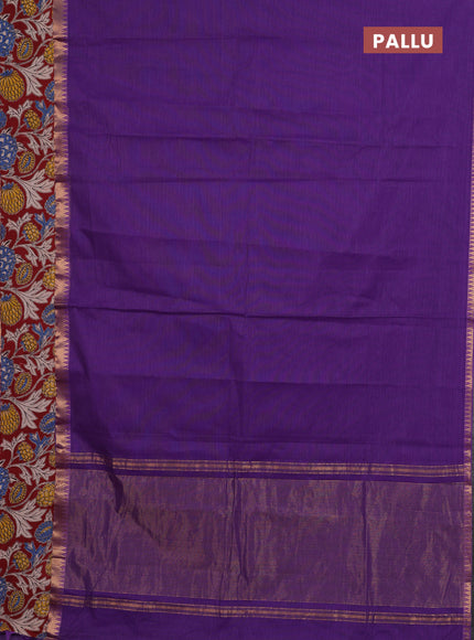Mangalagiri cotton saree violet and maroon with plain body and rettapet zari woven kalamkari border