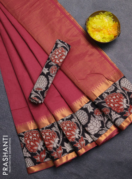 Mangalagiri cotton saree maroon and black with plain body and rettapet zari woven kalamkari border