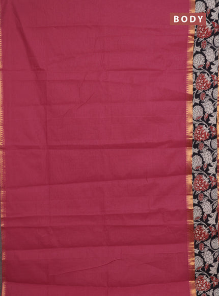 Mangalagiri cotton saree maroon and black with plain body and rettapet zari woven kalamkari border