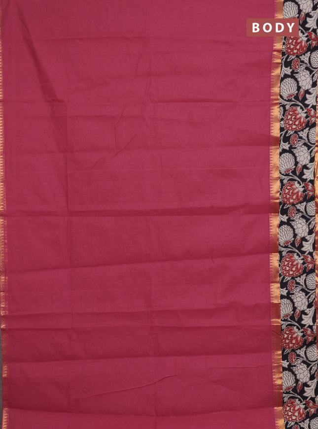 Mangalagiri cotton saree maroon and black with plain body and rettapet zari woven kalamkari border