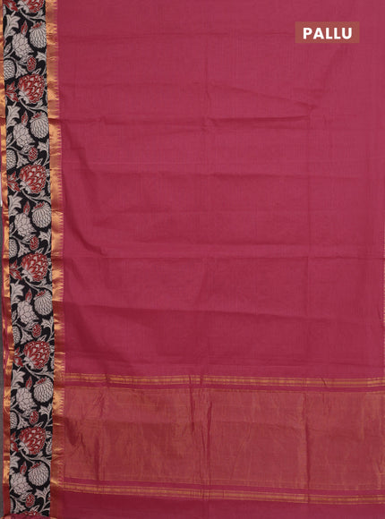 Mangalagiri cotton saree maroon and black with plain body and rettapet zari woven kalamkari border