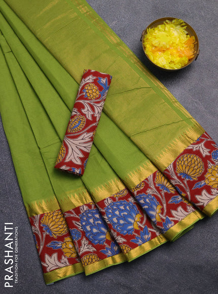 Mangalagiri cotton saree light green and maroon with plain body and rettapet zari woven kalamkari border