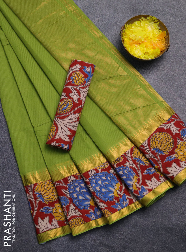 Mangalagiri cotton saree light green and maroon with plain body and rettapet zari woven kalamkari border
