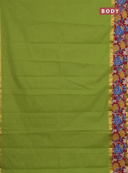 Mangalagiri cotton saree light green and maroon with plain body and rettapet zari woven kalamkari border