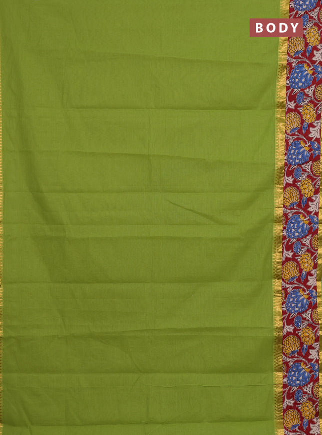 Mangalagiri cotton saree light green and maroon with plain body and rettapet zari woven kalamkari border