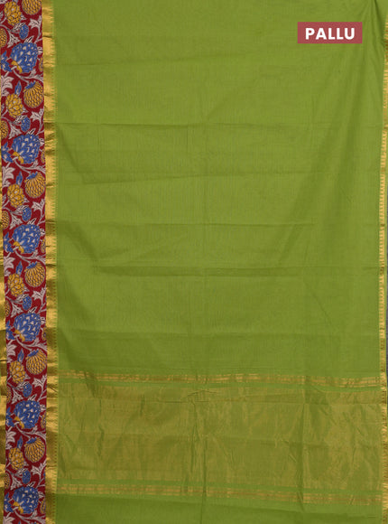 Mangalagiri cotton saree light green and maroon with plain body and rettapet zari woven kalamkari border