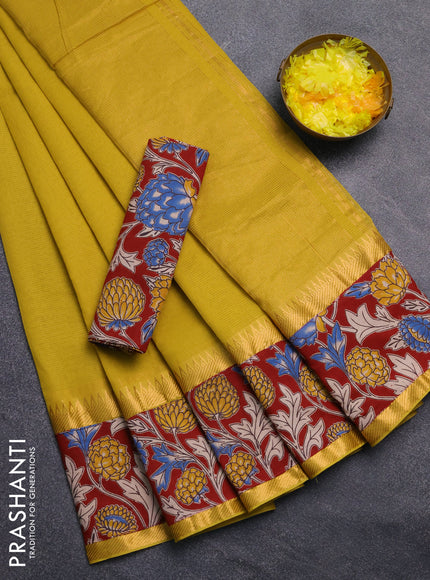 Mangalagiri cotton saree mustard green and maroon with plain body and rettapet zari woven kalamkari border