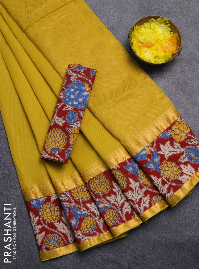 Mangalagiri cotton saree mustard green and maroon with plain body and rettapet zari woven kalamkari border