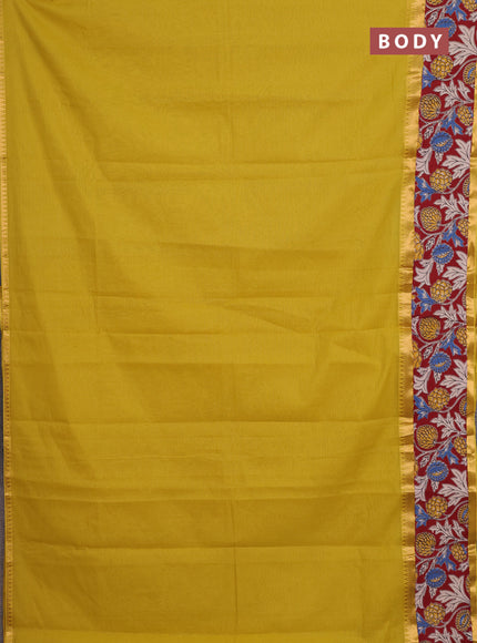 Mangalagiri cotton saree mustard green and maroon with plain body and rettapet zari woven kalamkari border