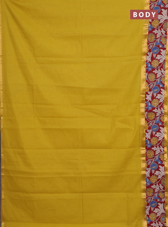 Mangalagiri cotton saree mustard green and maroon with plain body and rettapet zari woven kalamkari border
