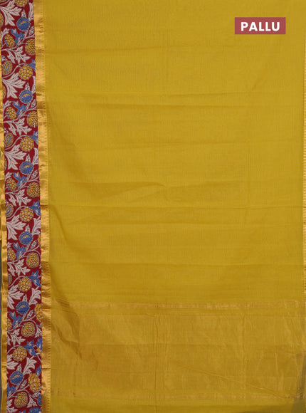 Mangalagiri cotton saree mustard green and maroon with plain body and rettapet zari woven kalamkari border