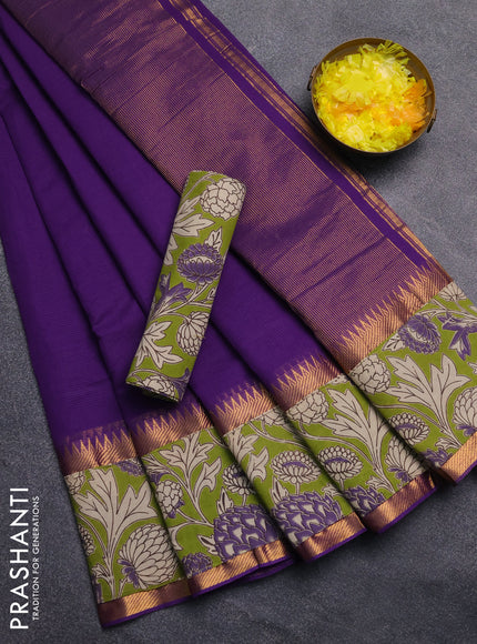 Mangalagiri cotton saree violet and light green with plain body and rettapet zari woven kalamkari border