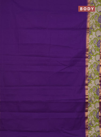 Mangalagiri cotton saree violet and light green with plain body and rettapet zari woven kalamkari border