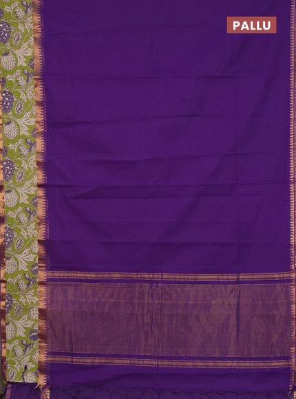 Mangalagiri cotton saree violet and light green with plain body and rettapet zari woven kalamkari border