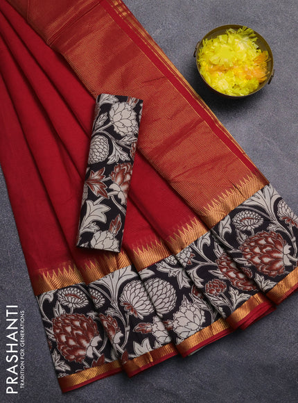 Mangalagiri cotton saree red and black with plain body and rettapet zari woven kalamkari border