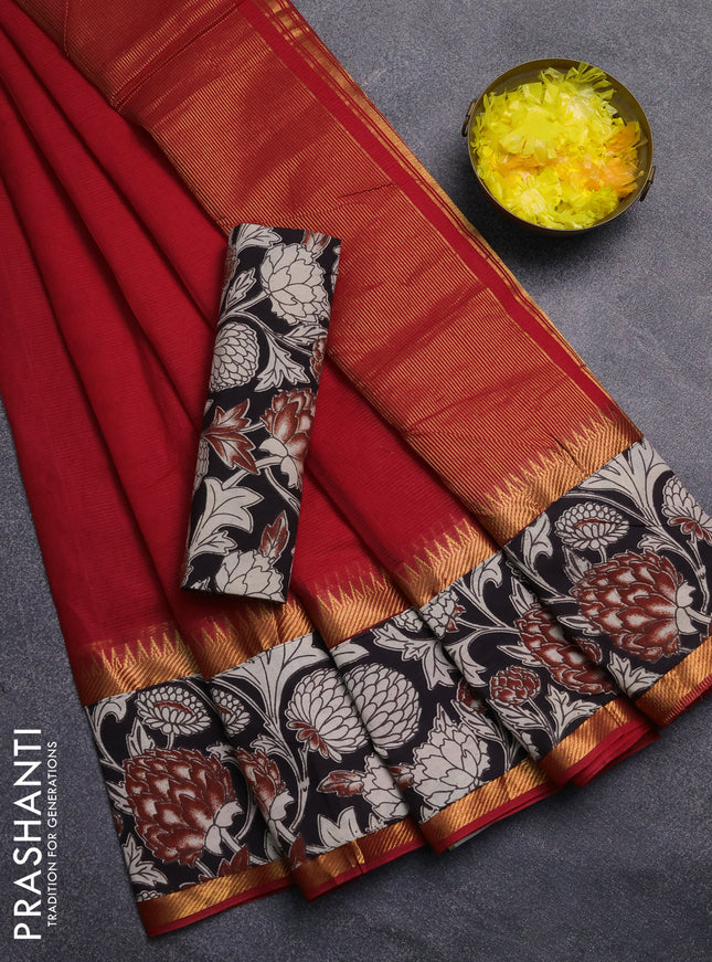 Mangalagiri cotton saree red and black with plain body and rettapet zari woven kalamkari border