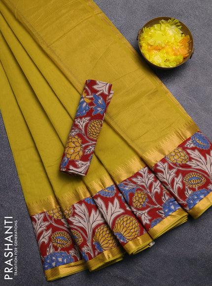 Mangalagiri cotton saree mustard green and maroon with plain body and rettapet zari woven kalamkari border