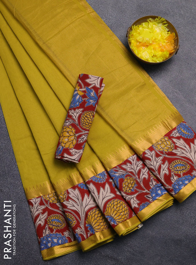 Mangalagiri cotton saree mustard green and maroon with plain body and rettapet zari woven kalamkari border
