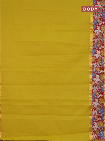 Mangalagiri cotton saree mustard green and maroon with plain body and rettapet zari woven kalamkari border