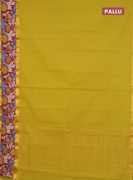 Mangalagiri cotton saree mustard green and maroon with plain body and rettapet zari woven kalamkari border