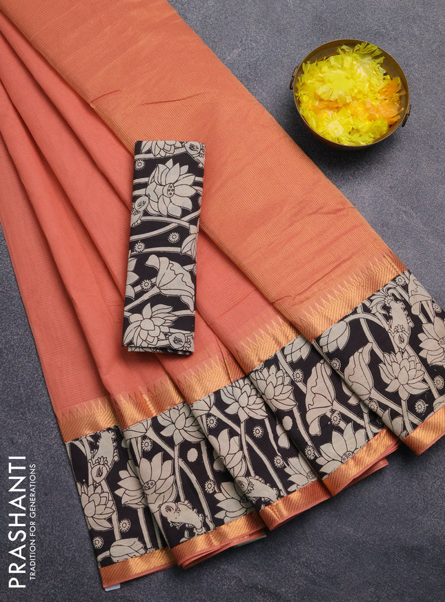 Mangalagiri cotton saree peach shade and black with plain body and rettapet zari woven kalamkari border