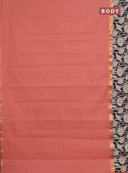 Mangalagiri cotton saree peach shade and black with plain body and rettapet zari woven kalamkari border