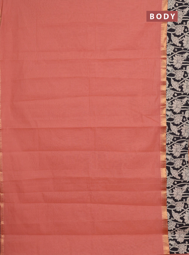 Mangalagiri cotton saree peach shade and black with plain body and rettapet zari woven kalamkari border