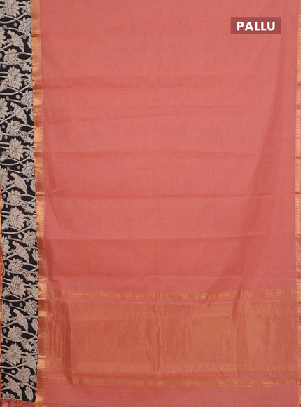 Mangalagiri cotton saree peach shade and black with plain body and rettapet zari woven kalamkari border