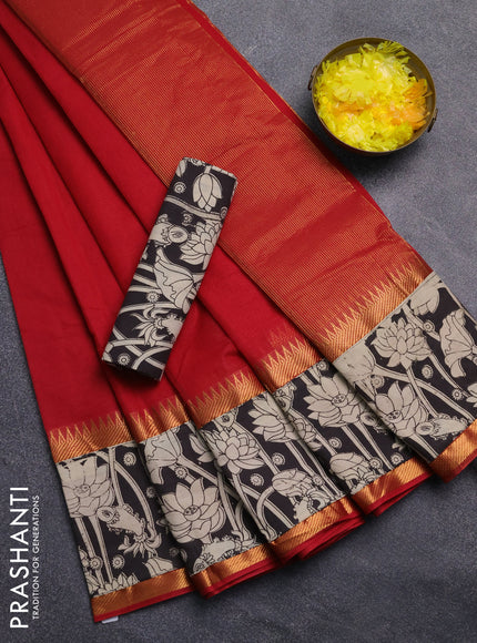 Mangalagiri cotton saree red and black with plain body and rettapet zari woven kalamkari border