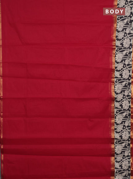 Mangalagiri cotton saree red and black with plain body and rettapet zari woven kalamkari border