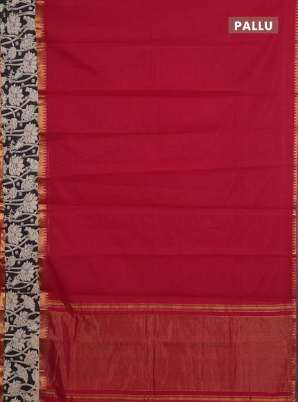 Mangalagiri cotton saree red and black with plain body and rettapet zari woven kalamkari border