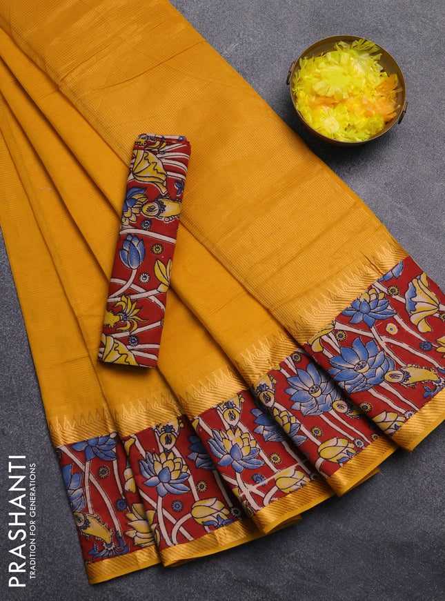 Mangalagiri cotton saree mustard yellow and maroon with plain body and rettapet zari woven kalamkari border