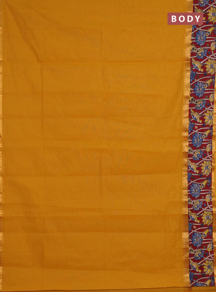 Mangalagiri cotton saree mustard yellow and maroon with plain body and rettapet zari woven kalamkari border