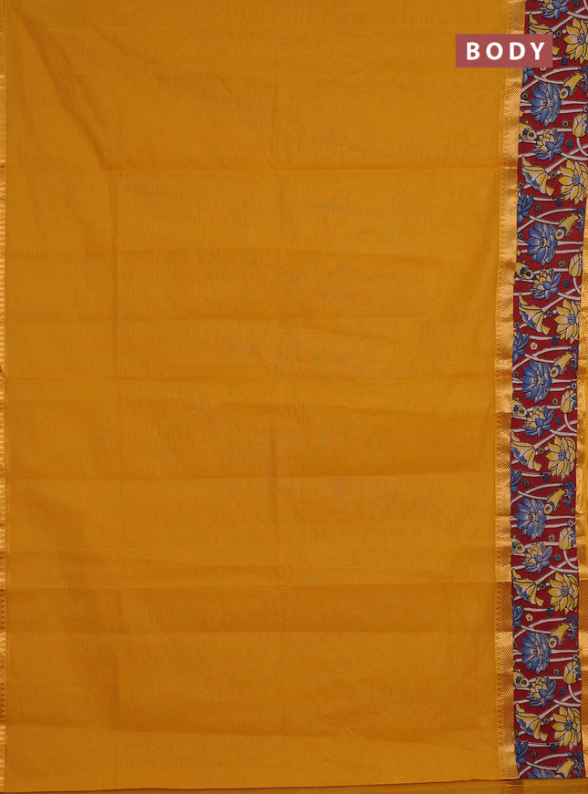 Mangalagiri cotton saree mustard yellow and maroon with plain body and rettapet zari woven kalamkari border