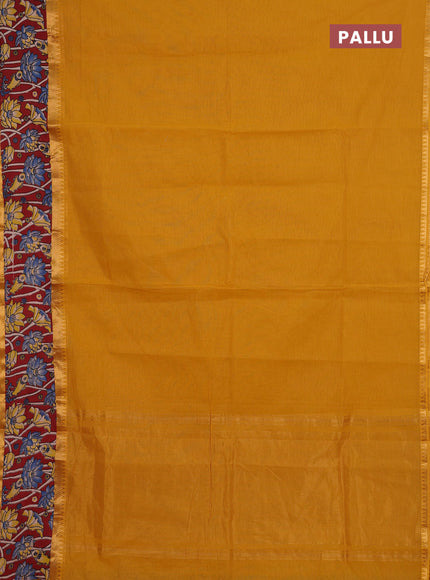 Mangalagiri cotton saree mustard yellow and maroon with plain body and rettapet zari woven kalamkari border