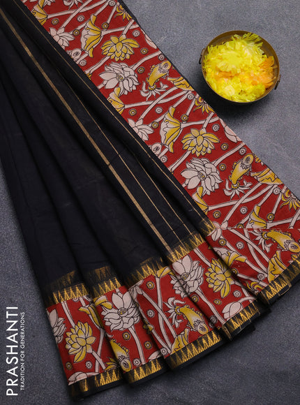 Mangalagiri cotton saree black and maroon with plain body and rettapet zari woven kalamkari border