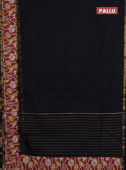 Mangalagiri cotton saree black and maroon with plain body and rettapet zari woven kalamkari border