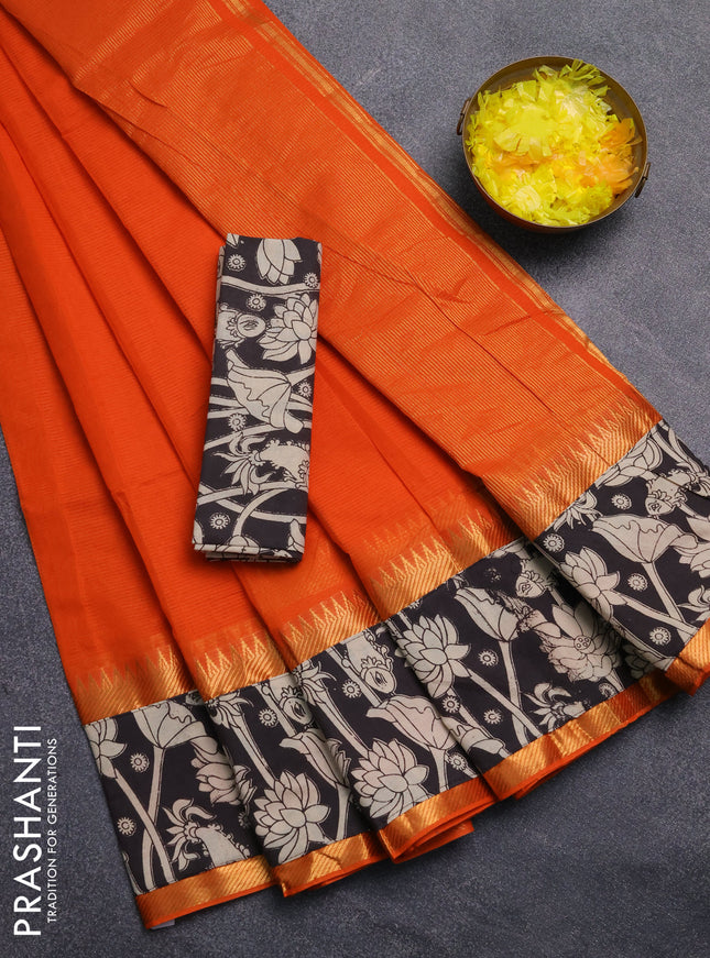 Mangalagiri cotton saree orange and black with plain body and rettapet zari woven kalamkari border