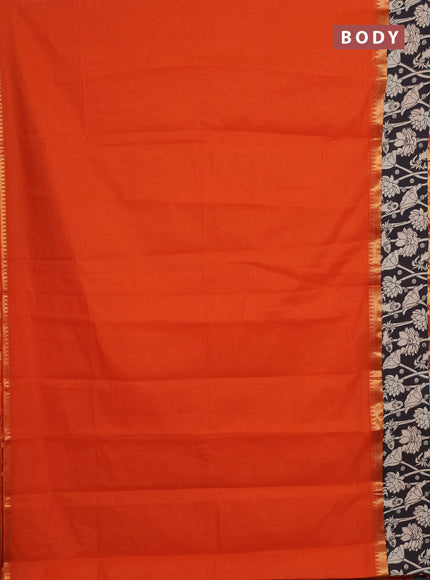 Mangalagiri cotton saree orange and black with plain body and rettapet zari woven kalamkari border