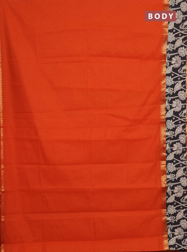 Mangalagiri cotton saree orange and black with plain body and rettapet zari woven kalamkari border