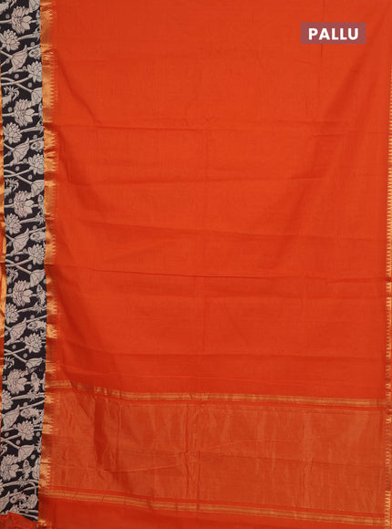 Mangalagiri cotton saree orange and black with plain body and rettapet zari woven kalamkari border
