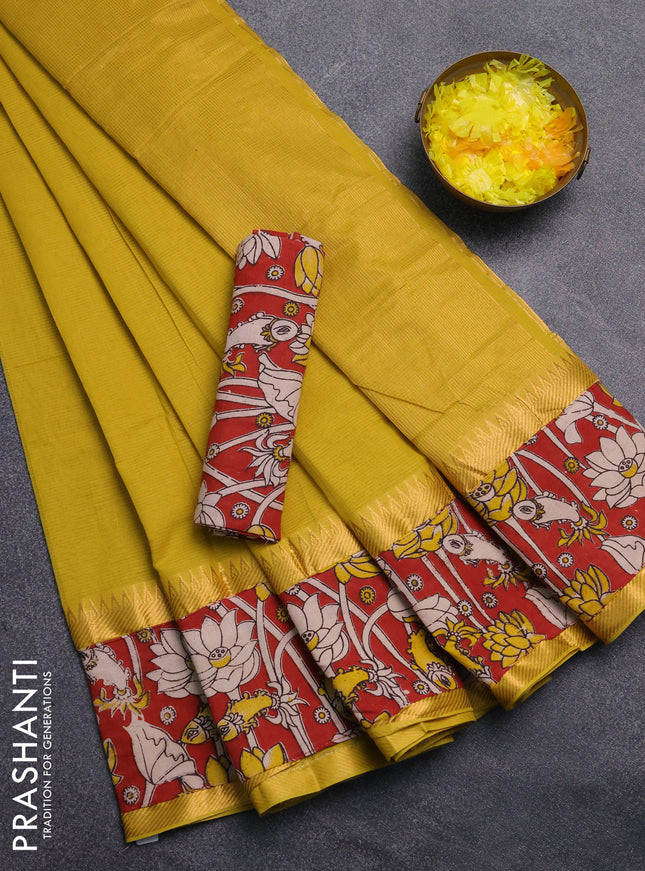 Mangalagiri cotton saree mustard green and maroon with plain body and rettapet zari woven kalamkari border
