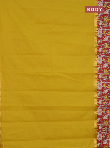Mangalagiri cotton saree mustard green and maroon with plain body and rettapet zari woven kalamkari border