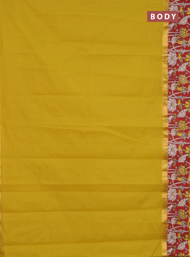Mangalagiri cotton saree mustard green and maroon with plain body and rettapet zari woven kalamkari border