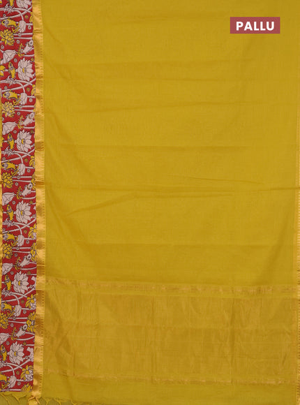 Mangalagiri cotton saree mustard green and maroon with plain body and rettapet zari woven kalamkari border