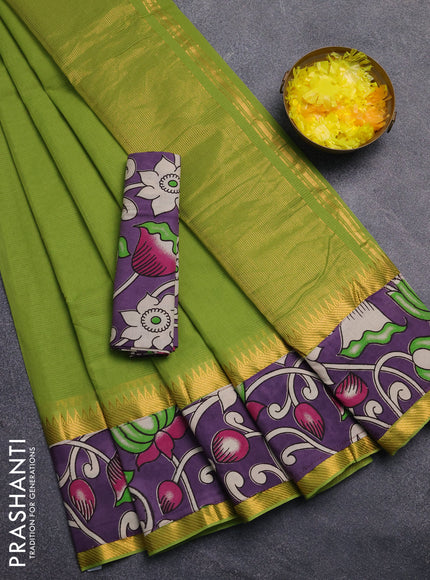 Mangalagiri cotton saree light green and lavender with plain body and rettapet zari woven kalamkari border