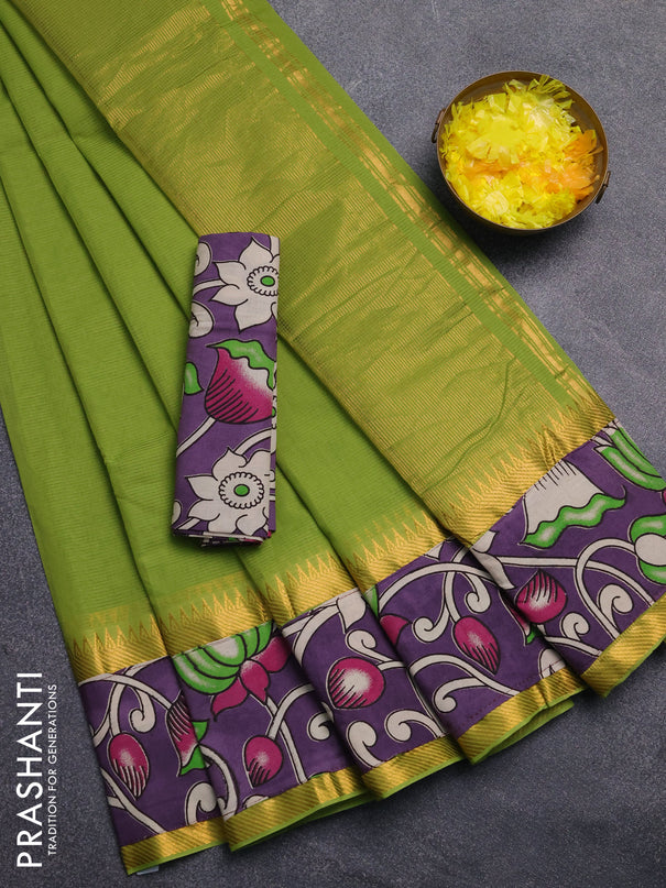 Mangalagiri cotton saree light green and lavender with plain body and rettapet zari woven kalamkari border