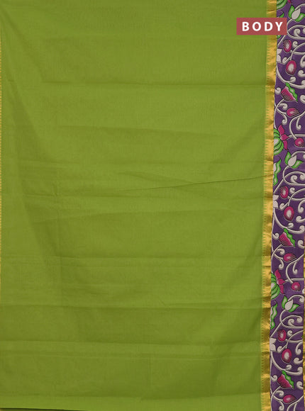 Mangalagiri cotton saree light green and lavender with plain body and rettapet zari woven kalamkari border
