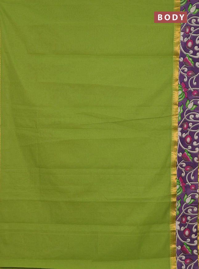 Mangalagiri cotton saree light green and lavender with plain body and rettapet zari woven kalamkari border