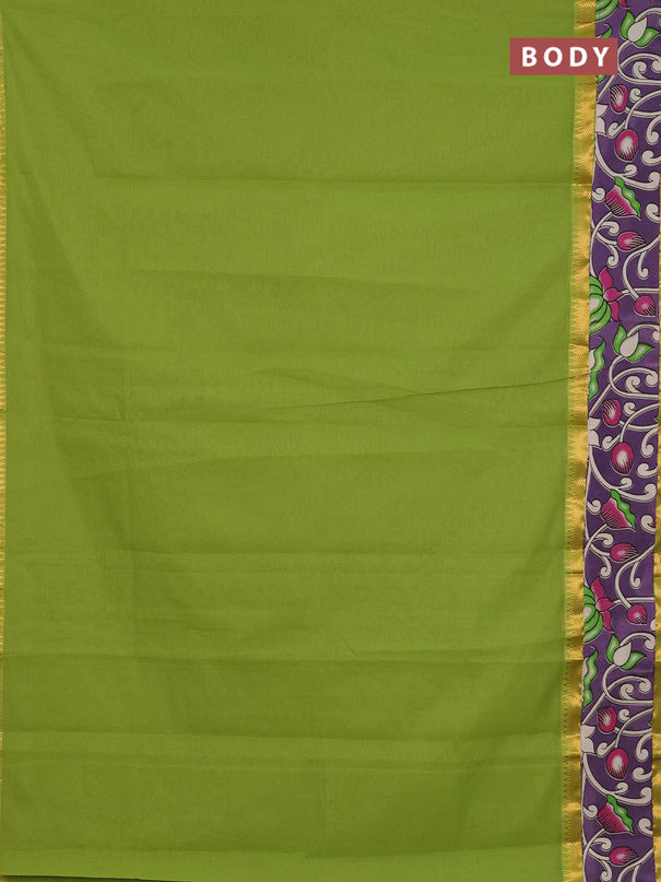 Mangalagiri cotton saree light green and lavender with plain body and rettapet zari woven kalamkari border